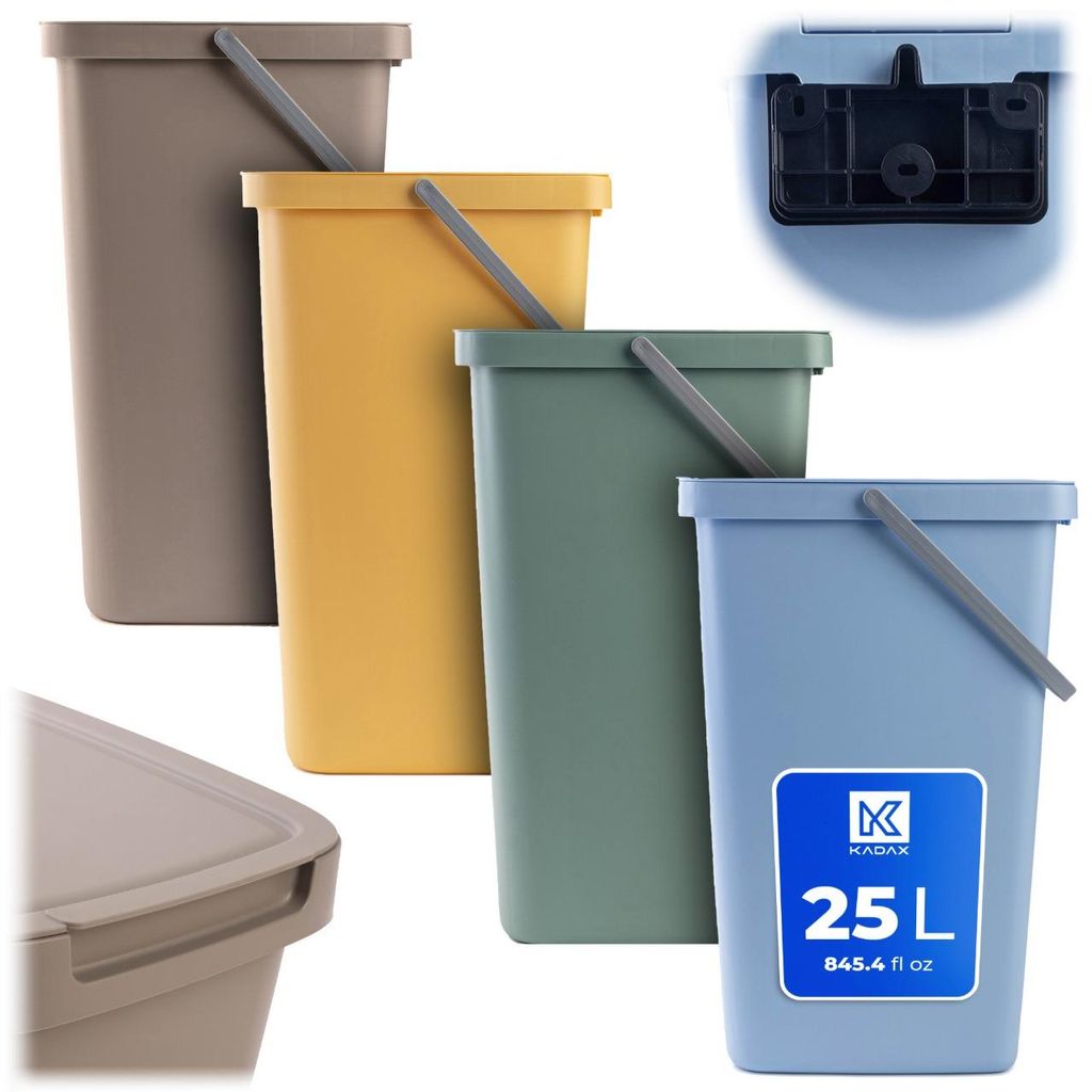 KADAX Abfallbehälter 25L, 4er Set, mit Deckel und Griff, Abfalleimer aus Plastik, Mülleimer, Abfallsammler (Braun, Grün, Gelb, Blau)