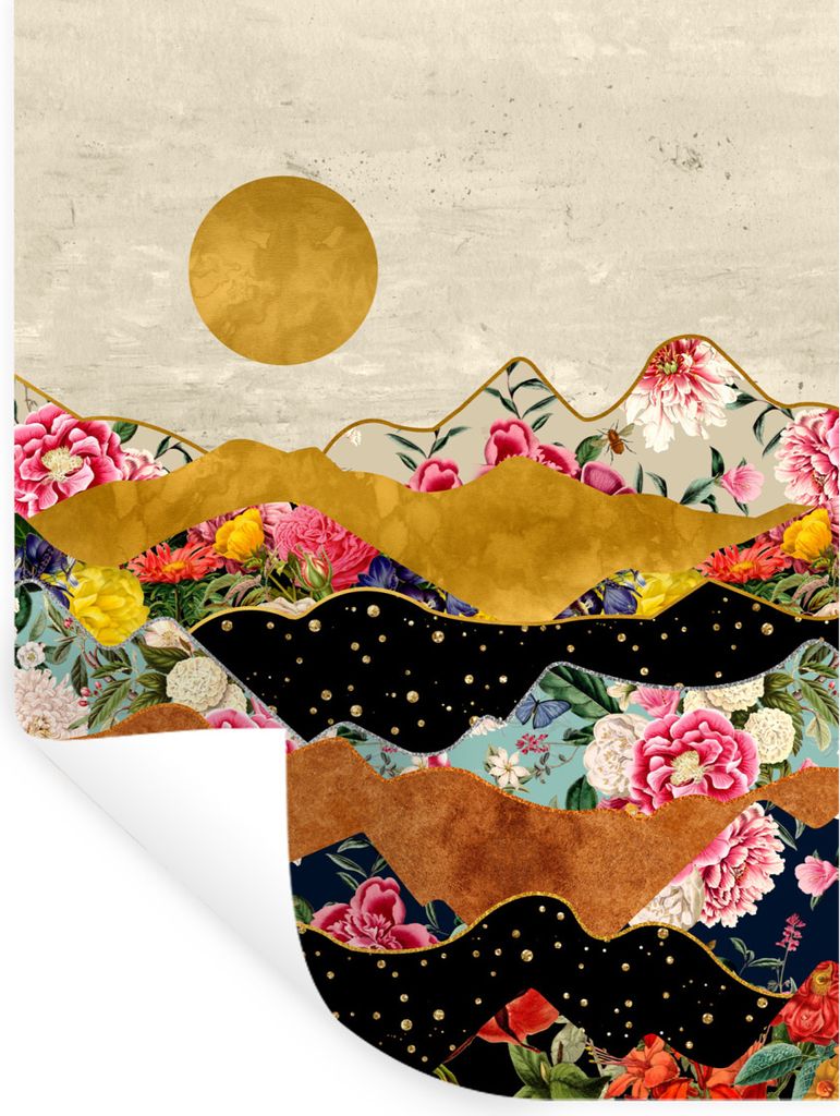 MuchoWow Wandtattoo Wandsticker Wandaufkleber Blumen - Gold - Marmor 30x40 cm Selbstklebend und Repositionierbar - Sticker - Dekorfolie