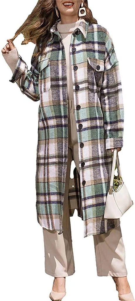 ASKSA Damen Kariertes Lange Hemdjacke Taschen Knöpfen Langarm Holzfällerjacke Mantel, B Grün, 2XL