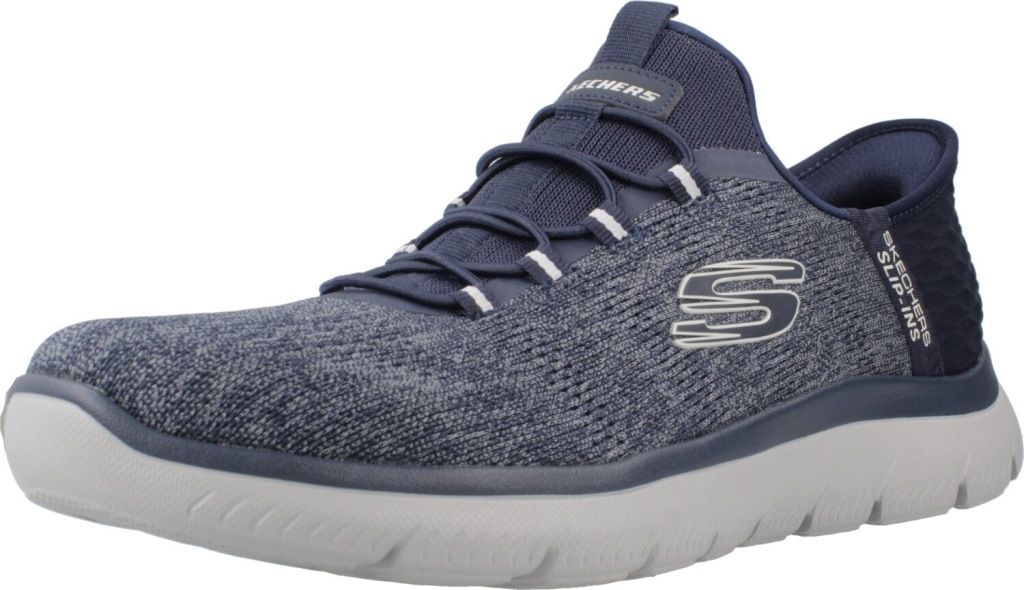 A single blue Skechers sneaker is shown from a side-angle on a white background.