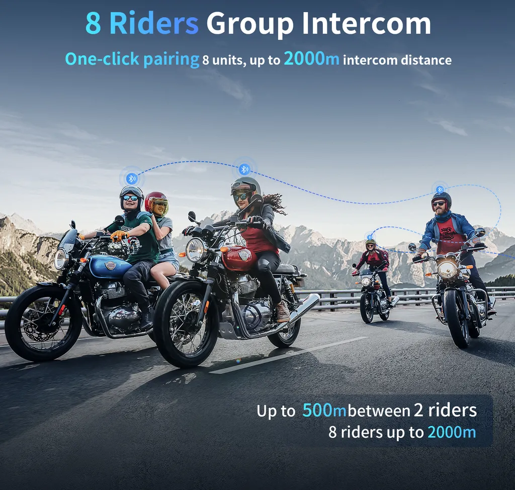 Oreillette Intercom 1000m Bluetooth 5.0, Connexion 8 Voies Multipoint