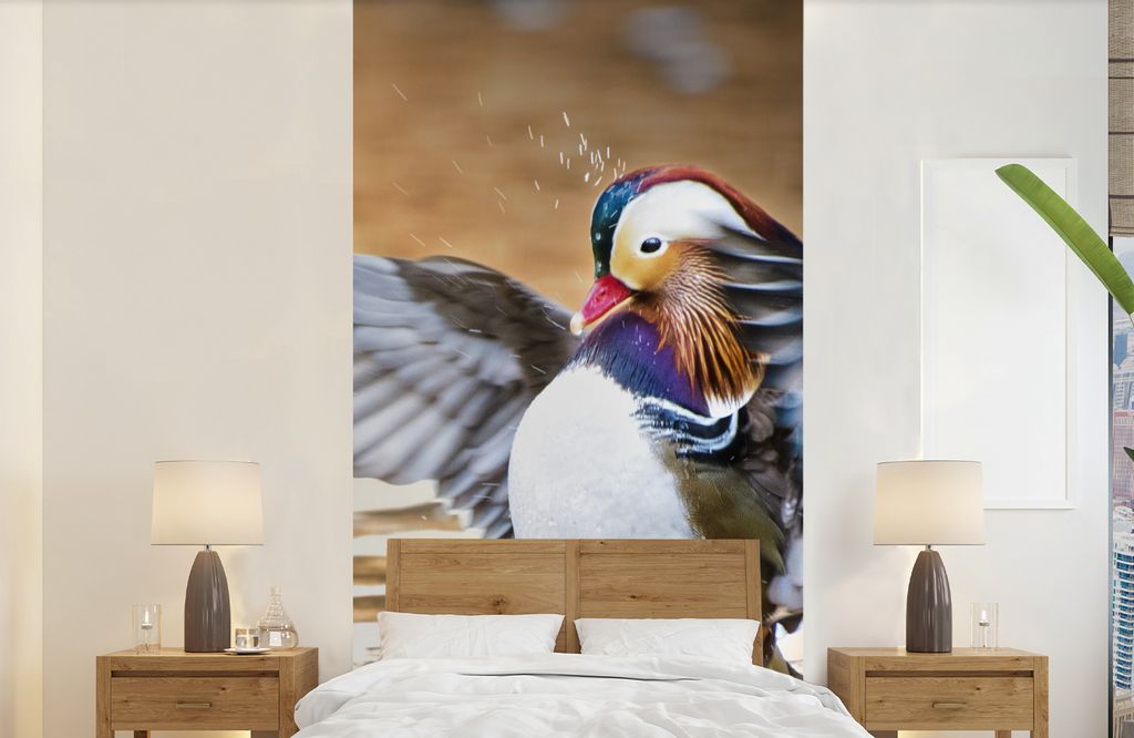 MuchoWow Fototapete für Wohnzimmer oder Schlafzimmer Wandtapete Vinyl Motivtapete Ente - Tier - Wasser - Herbst - 120x240 cm - Hintergrundbild