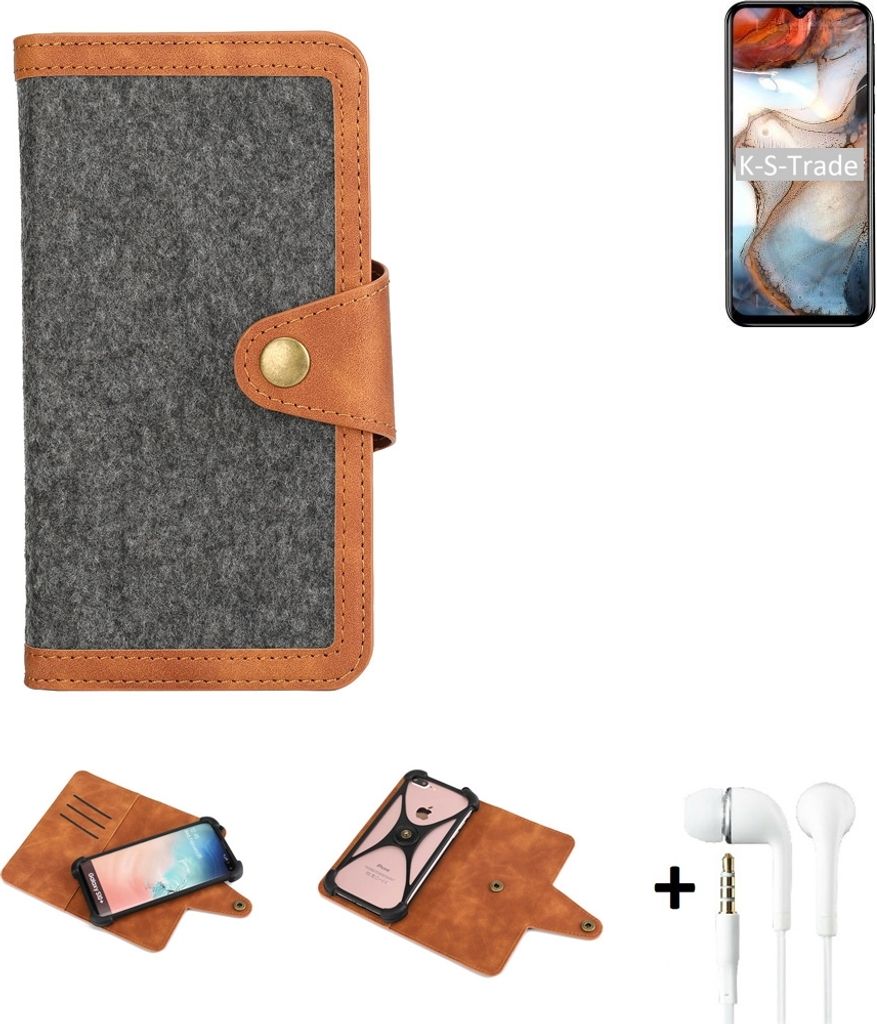 K-S-Trade Handyhülle + Kopfhörer kompatibel mit Blackview A60 Plus Schutzhülle Filzhülle Kunstleder dunkelgrau braun (1x)