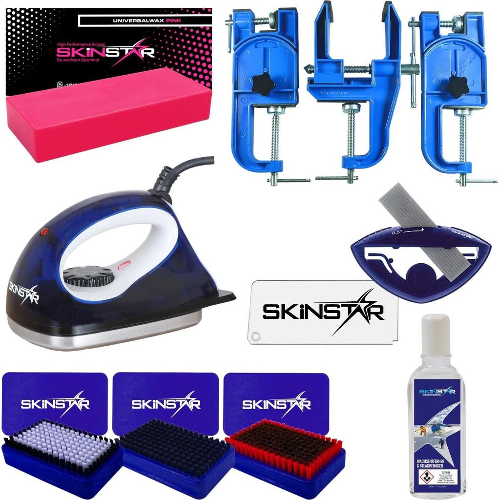 SkinStar Skiwachs, Kantenschleifer & Skispanner Set Wachseisen Bürsten 9-teilig