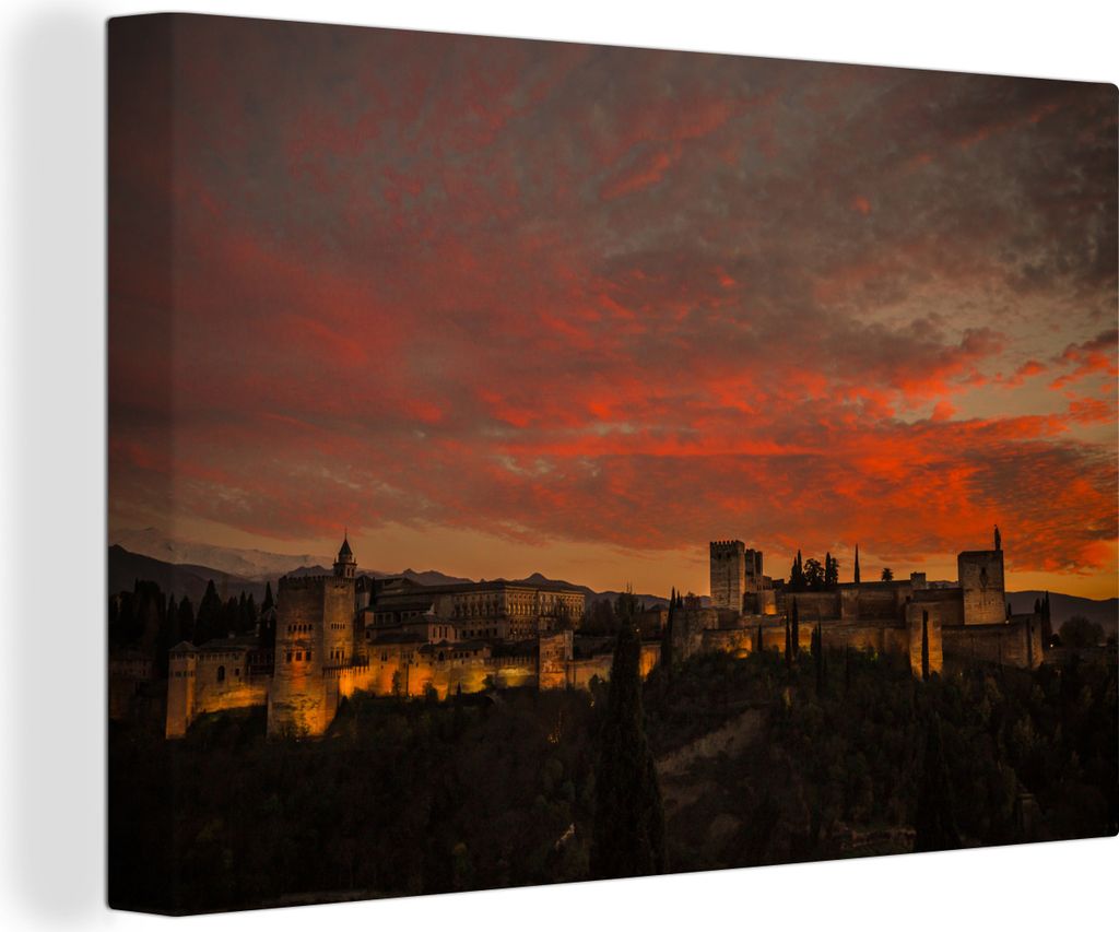 OneMillionCanvasses - Leinwandbilder - 140x90 cm, Alhambra-Palast unter orangefarbenem Himmel, Wandbilder Kunstdruck Wanddekoration