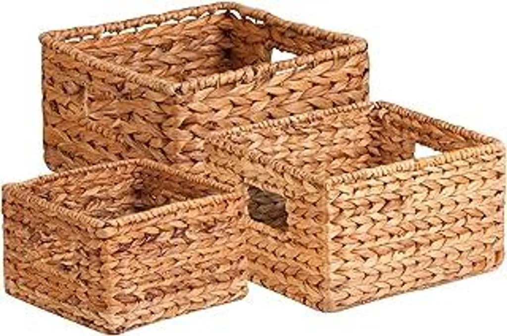 Honey Can Do TRE cestini portaoggetti intrecciati in giacinto d'acqua con manici, foglia di banano, acciaio, naturale, confezione da 3, 3