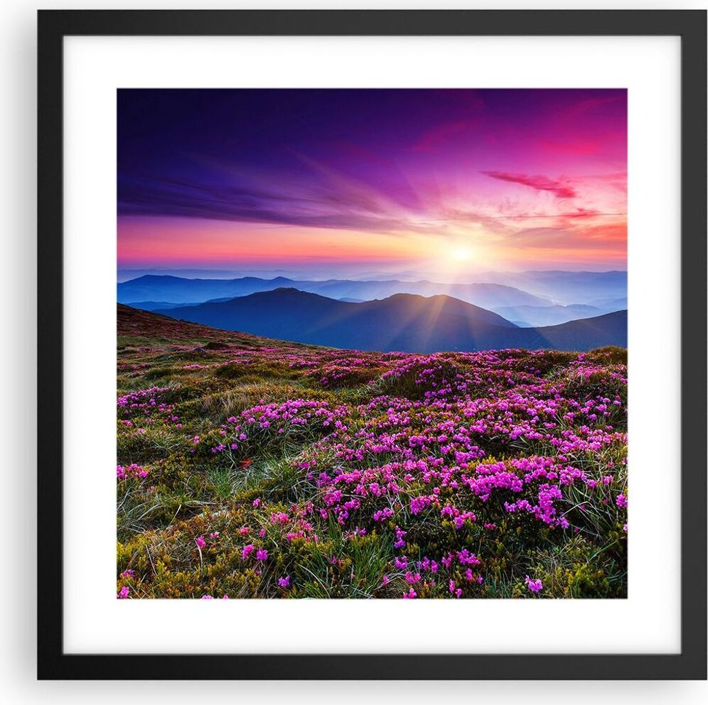 Gerahmtes Poster - Schwarzer Rahmen - Wiese Berg Himmel Landschaft - 40x40 cm - Wand Bild - Wanddeko - Wandbilder - Wandposter - Bilderrahmen - Bil...