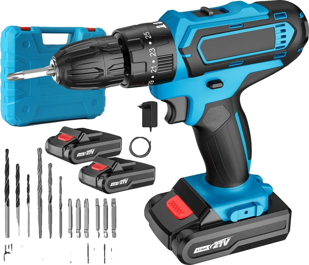 Perceuse sans fil 21V pour travaux de rénovation avec 2 batteries fournies