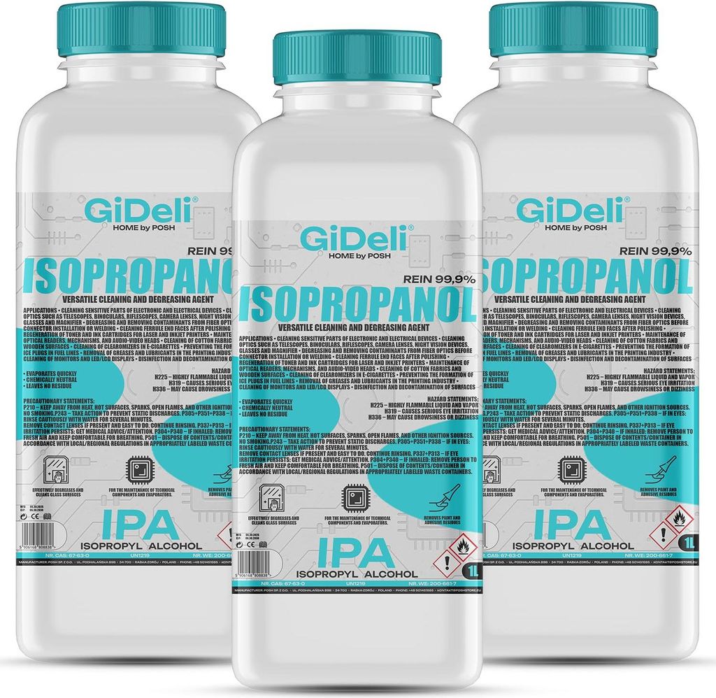 Isopropanol 3L 99,9% IPA Reinigungsalkohol Entfetter für Elektronik GiDeli