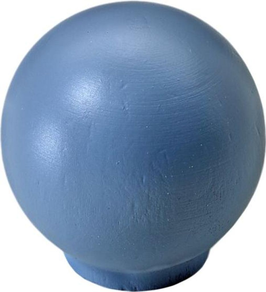 A close-up studio shot of a solid blue spherical object with a slightly flattened base.