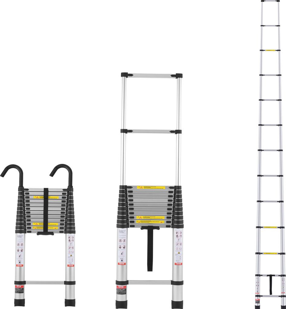Three different configurations of a telescopic ladder are displayed against a white background.