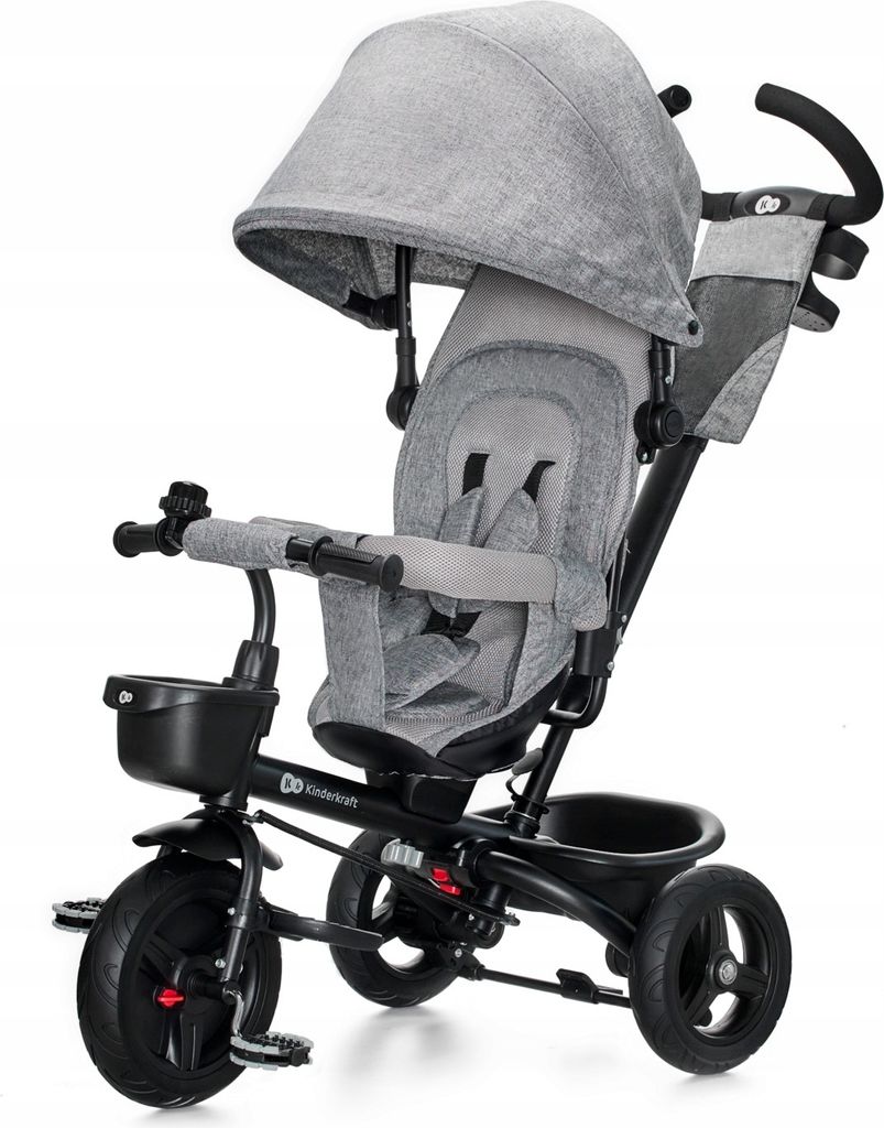 Kinderkraft AVEO - Dreirad - verstellbarer Sitz - große Räder - klappbar - Sicherheitsgurte - hohe Rückenlehne - Zubehör inklusive - Grau