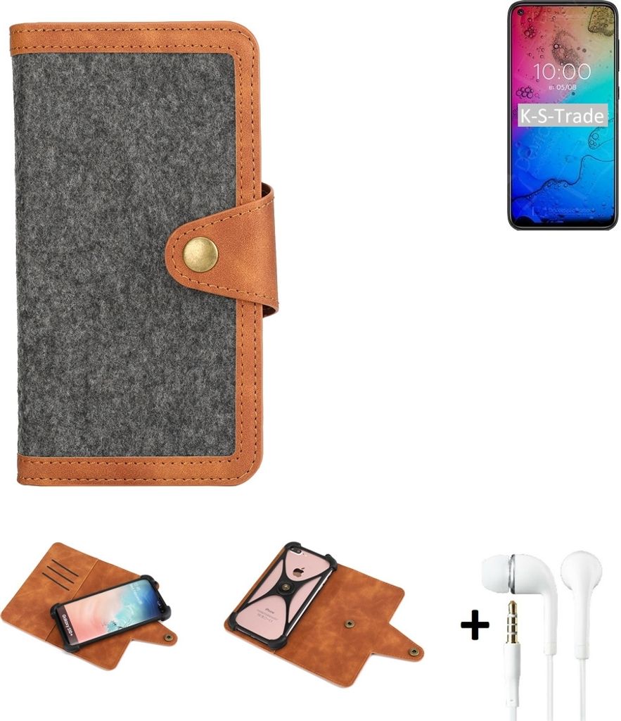 K-S-Trade Handyhülle + Kopfhörer kompatibel mit BQ Mobile BQ-6430L Aurora Schutzhülle Filzhülle Kunstleder dunkelgrau braun (1x)