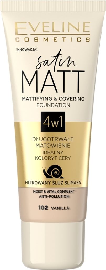 Eveline Satin Matt Mattierende & Abdeckende Foundation 4in1 Flüssig-Make-up mit mattierender Wirkung 102 Vanille 30 ml