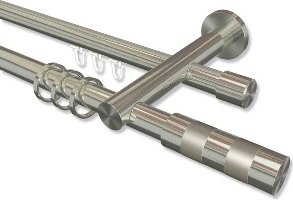 Interdeco Rundrohr-Innenlaufstange, Gardinenstange (Kombination) Edelstahl-Optik Modell Platon Mavell, 20 mm Ø 2-läufig, 240 cm