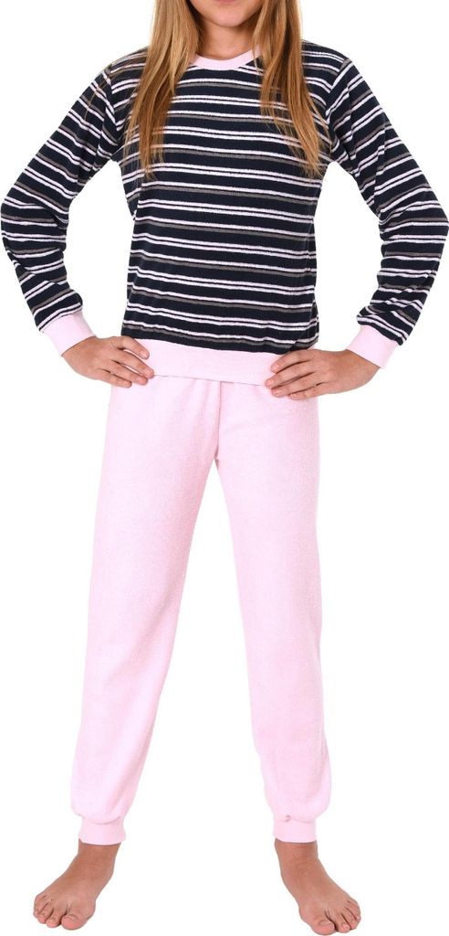 Mädchen Frottee Pyjama langarm Schlafanzug mit Bündchen in Streifenoptik - 291 401 13 569 ; marine , 146