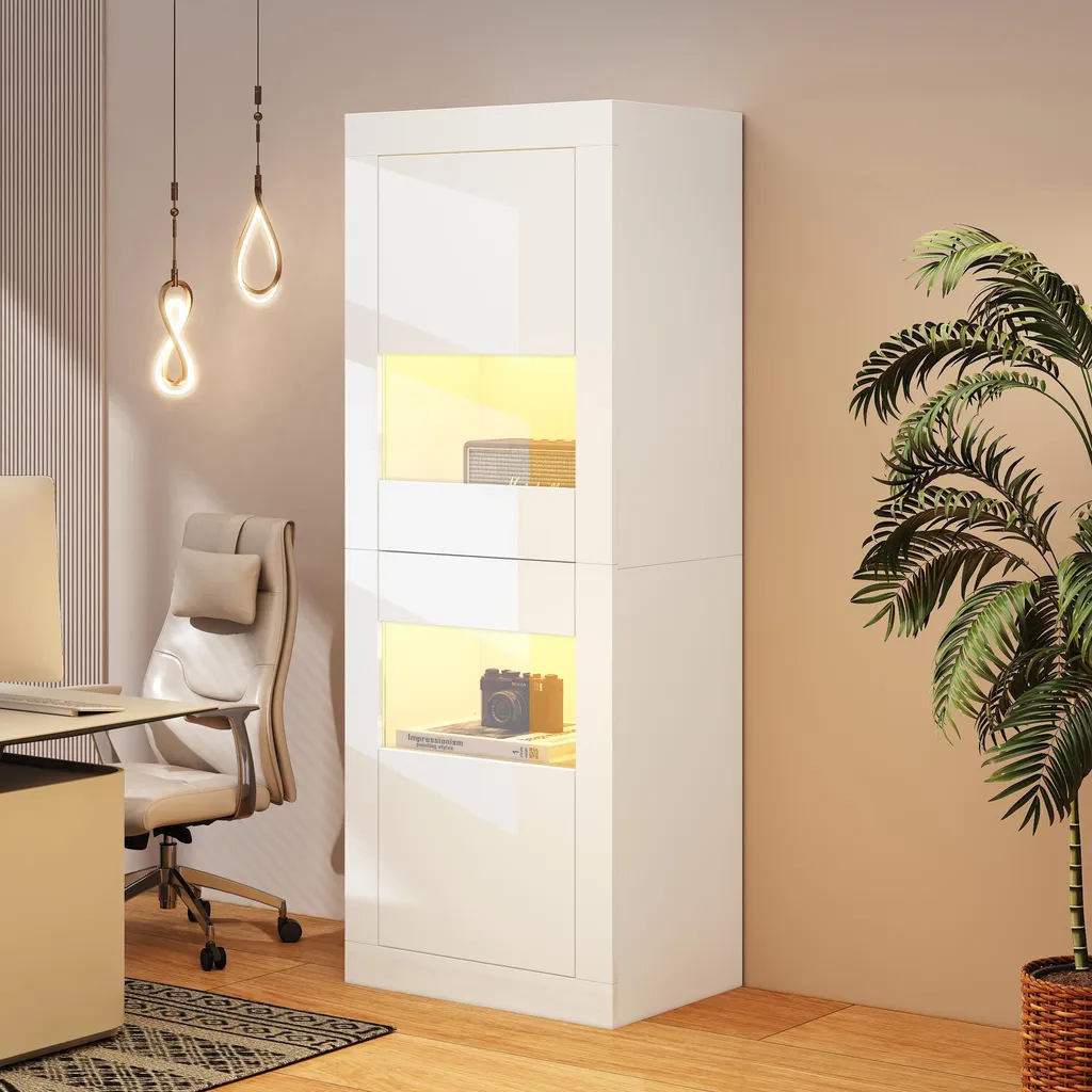 Armoire de Salon Vitrée Blanche avec LED et Étagères en Verre 162 cm