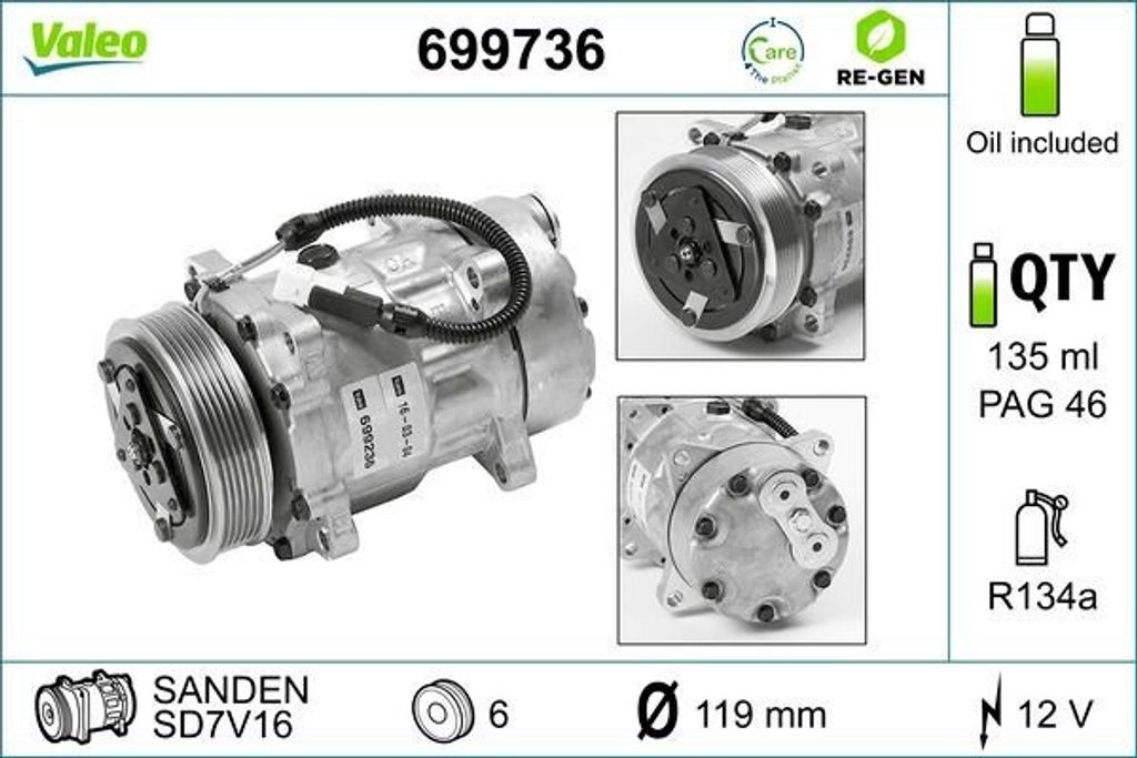 VALEO 699736 SD7V16 Klimaanlage Klimakompressor PAG 46 R134a für OPEL Omega B Limousine (V94) Omega B Caravan (V94) für FIAT DUCATO Kasten (244)