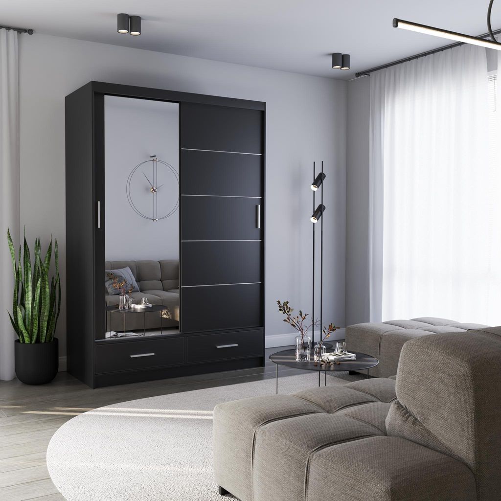 Schwebetürenschrank Kleiderschrank 150 cm Schwarz/Schwarz Produktbild 