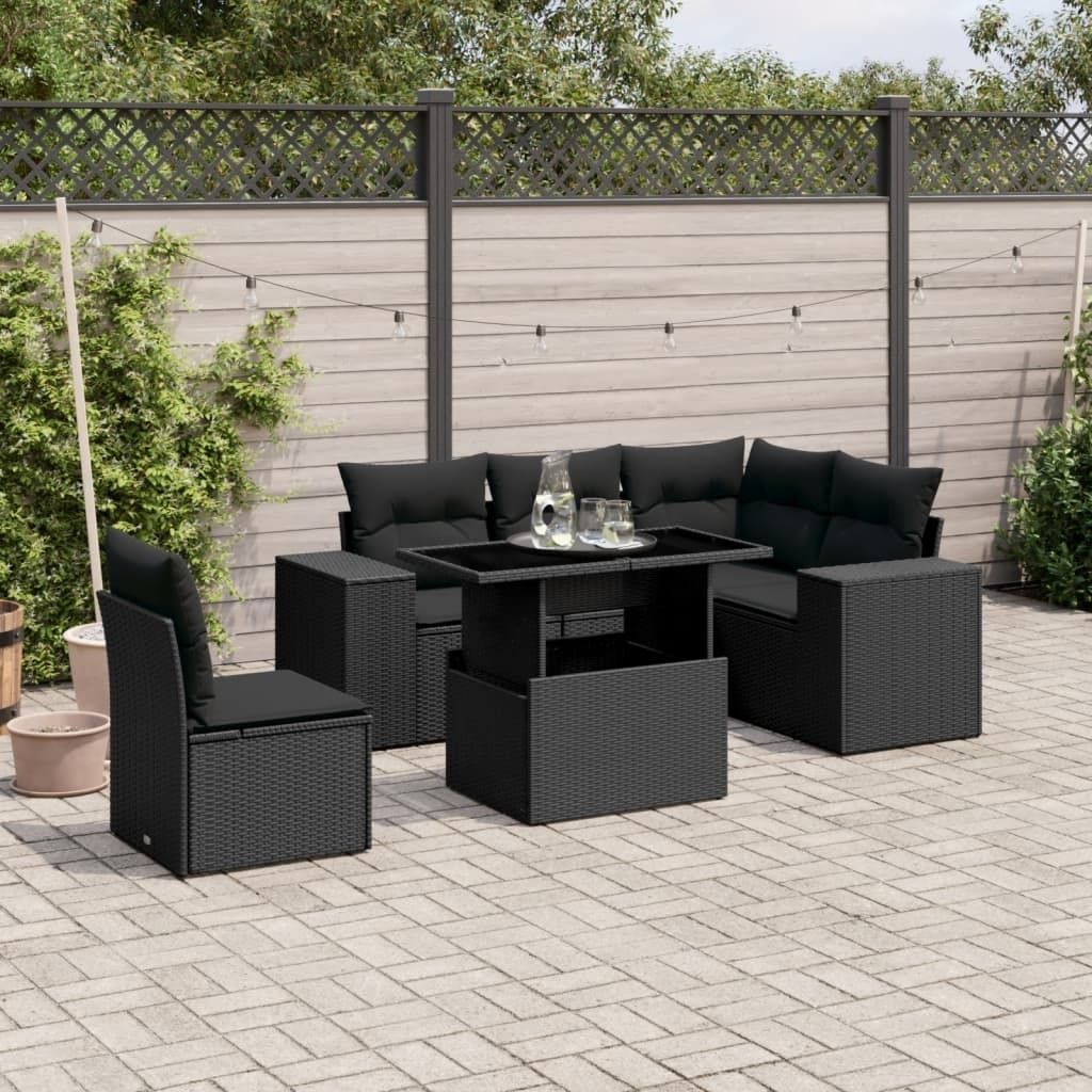 Möbel 6-tlg. Garten-Sofagarnitur mit Kissen Schwarz Poly Rattan - Loungegruppe 3269165