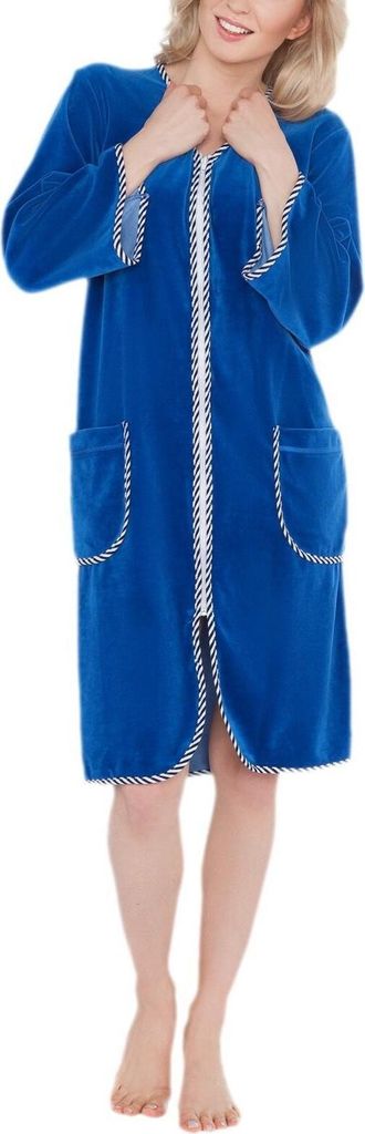 Aquarti Damen Velours Bademantel Morgenmantel Kurz mit Reißverschluss, Farbe: Blau, Größe: 5XL