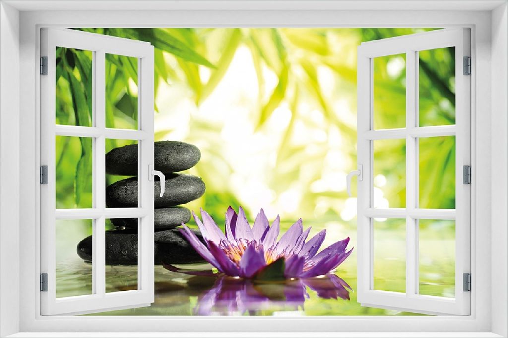 Wallario Poster mit Fenster-Illusion: Steinstapel in schwarz mit Blumenblüte in lila, Größe: 100 x 150 cm