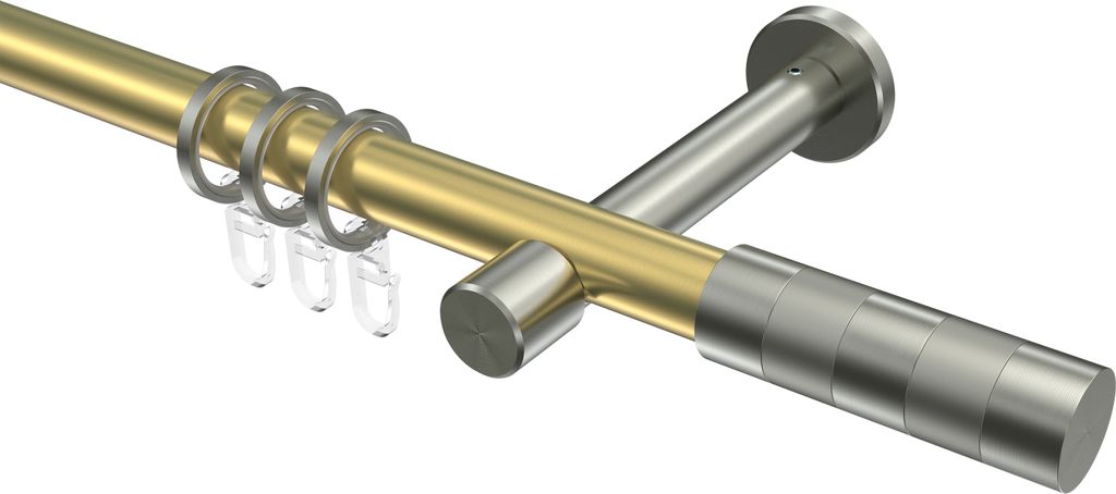 Interdeco Gardinenstange / Vorhangstange Messing-Optik / Edelstahl-Optik, Typ Prestige Mavell (Zylinder Bicolor), 20 mm Ø 1-läufig, 260 cm