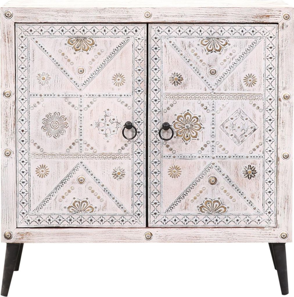 Marrakesch Boho Kommode mit Türen aus Holz weiß 80cm groß | Orientalische Deko kleines Sideboard Komode Vaqui Handarbeit für stilvolle Aufbewah...