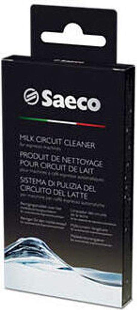 A black box packaging for Saeco milk circuit cleaner.