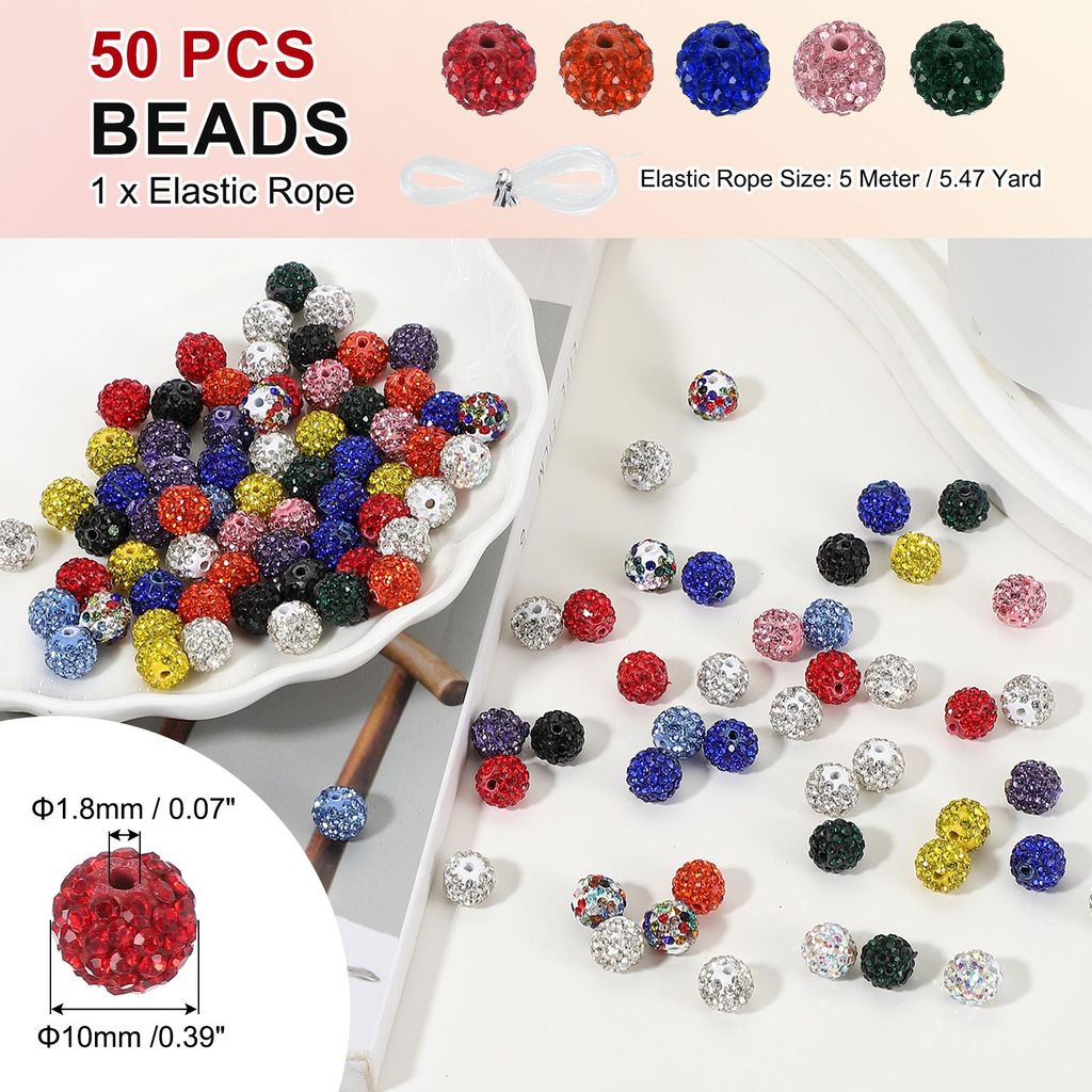 50 Stš¹ck Strassperlen Gro?e Perlen zum Auff?deln, 10mm Gl?nzende Runde Disco Ball Clay Perlen Loch Glitzerperlen fš¹r Armb?nder Halskette DIY ...