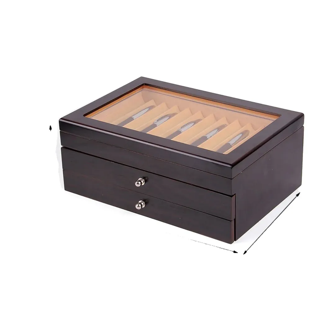 Boîte de présentation stylos en bois noir, 34 slots et couvercle vitré