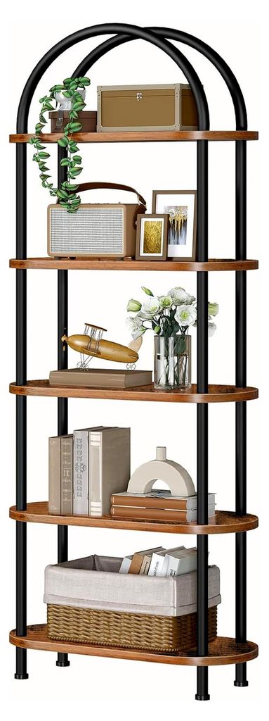 Bücherregal mit 5 Ebenen, offenes Regal aus Holzwerkstoff, gewölbtes Design, für Wohnzimmer, Schlafzimmer, Foyer, Flur, Vintagebraun