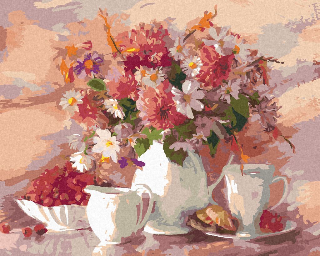 Zuty - Malen nach Zahlen - BLUMEN IN EINER WEISSEN VASE MIT WEISSER TASSE, 40x50 cm, mit Keilrahmen (bereits gespannt)