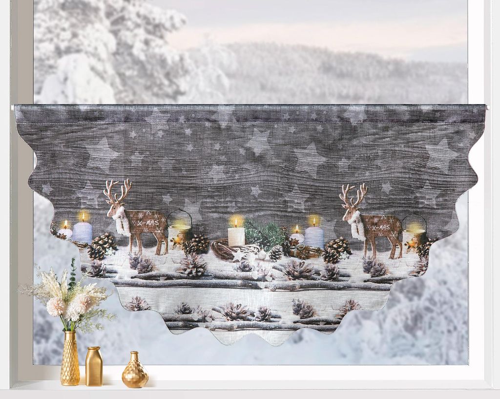 Heimtexland Weihnachtsgardine Deko Bogen Scheibengardine Weihnachten Fensterdeko halbtransparent bedruckt HxB 45x90 cm Weihnachtsdeko Gardine Typ92...