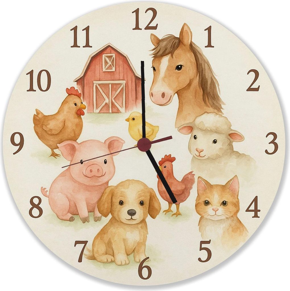 Bauernhoftiere Aquarellstil Wanduhr aus MDF für Produktbild 