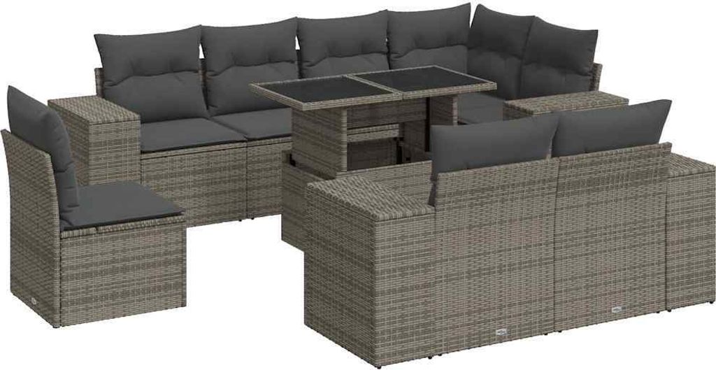 9-tlg. Garten-Sofagarnitur mit Kissen Grau Poly Rattan