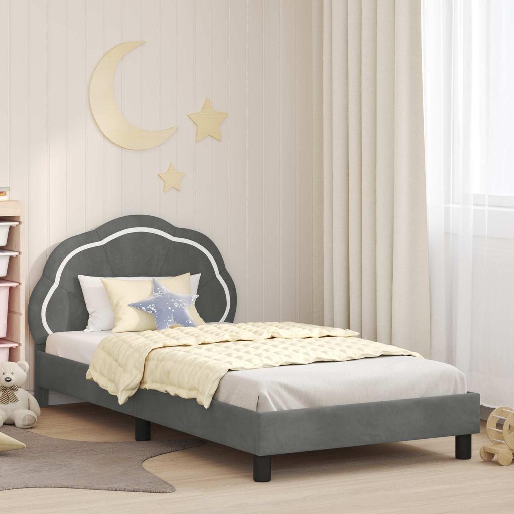 "Schlussverkauf" Einzelbett 1 PLACE - KinderBettgestell einzel - mit Kopfteil - Dunkelgrau 90x190 cm Samt C2730