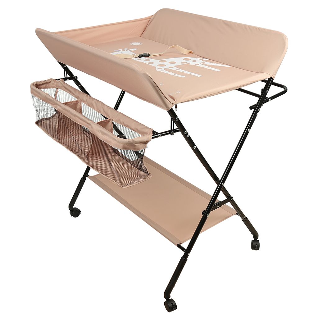 Baby Wickeltisch Mobile Klappbar Wickelkommode mit Aufbewahrungskorb Abschliessbaren Rädern Höhenverstellbarer Hell-Pink