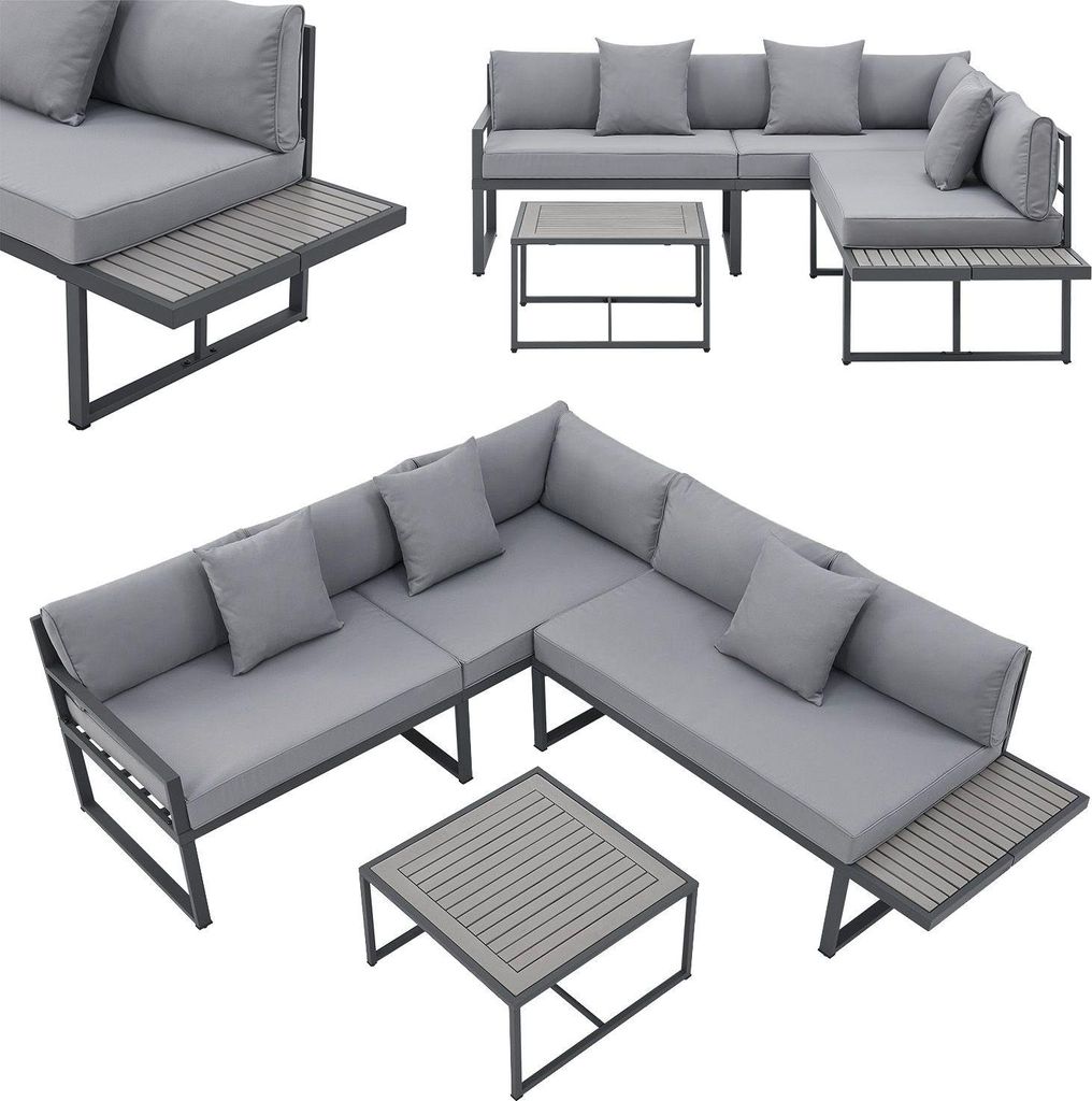 Multiple views of a gray outdoor lounge furniture set, including a sectional sofa and coffee tables.
