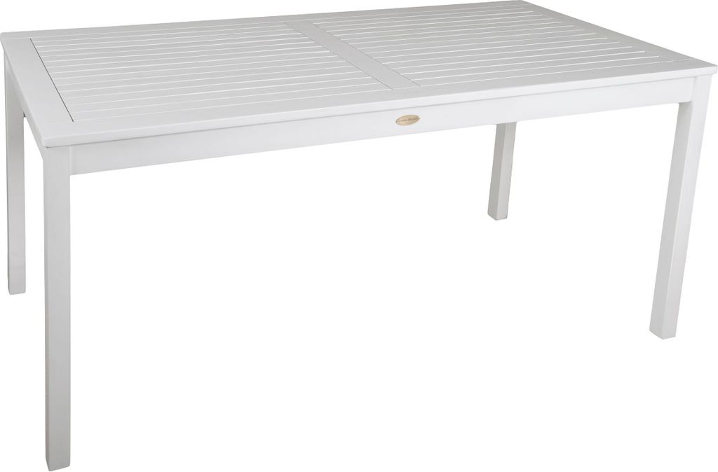 A white outdoor dining table with a slatted top and four legs, presented against a plain white background.