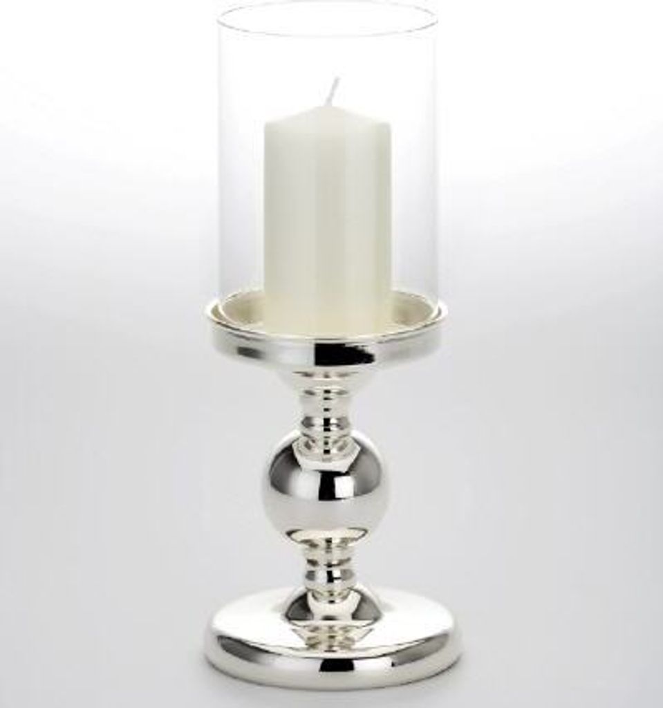 Romantik Windlicht versilbert und anlaufgeschützt mit Klarglas (H 27 x D 11,5 cm), hochwertiges Qualitäts Windlicht
