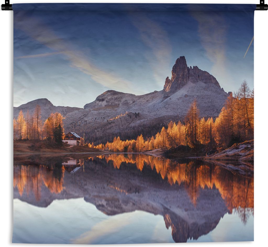 MuchoWow Wandteppich Wandbehang Berge - Bäume - Herbst - See - Natur 90x90 cm Tapisserie Dekoration Wandtuch - Wandaufhänger