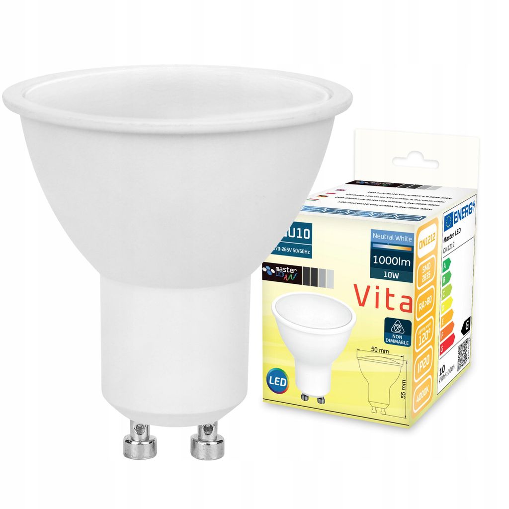 A white LED light bulb and its packaging are shown against a white background.