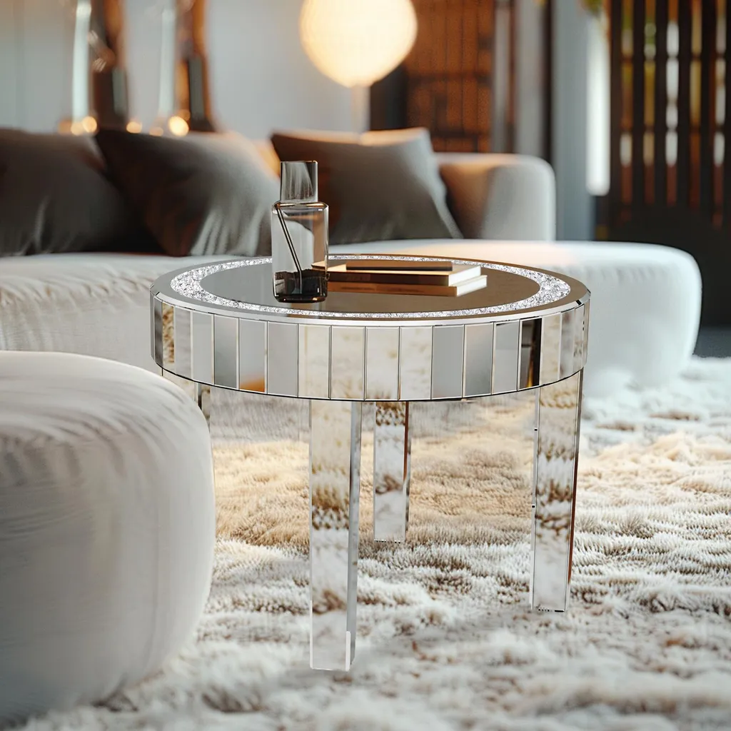 Table basse miroir scintillante Vrygle Ø60 : table basse moderne argent - 7