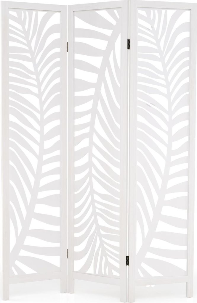 A white, three-panel room divider with a leaf pattern cut out of the panels, shown against a white background.