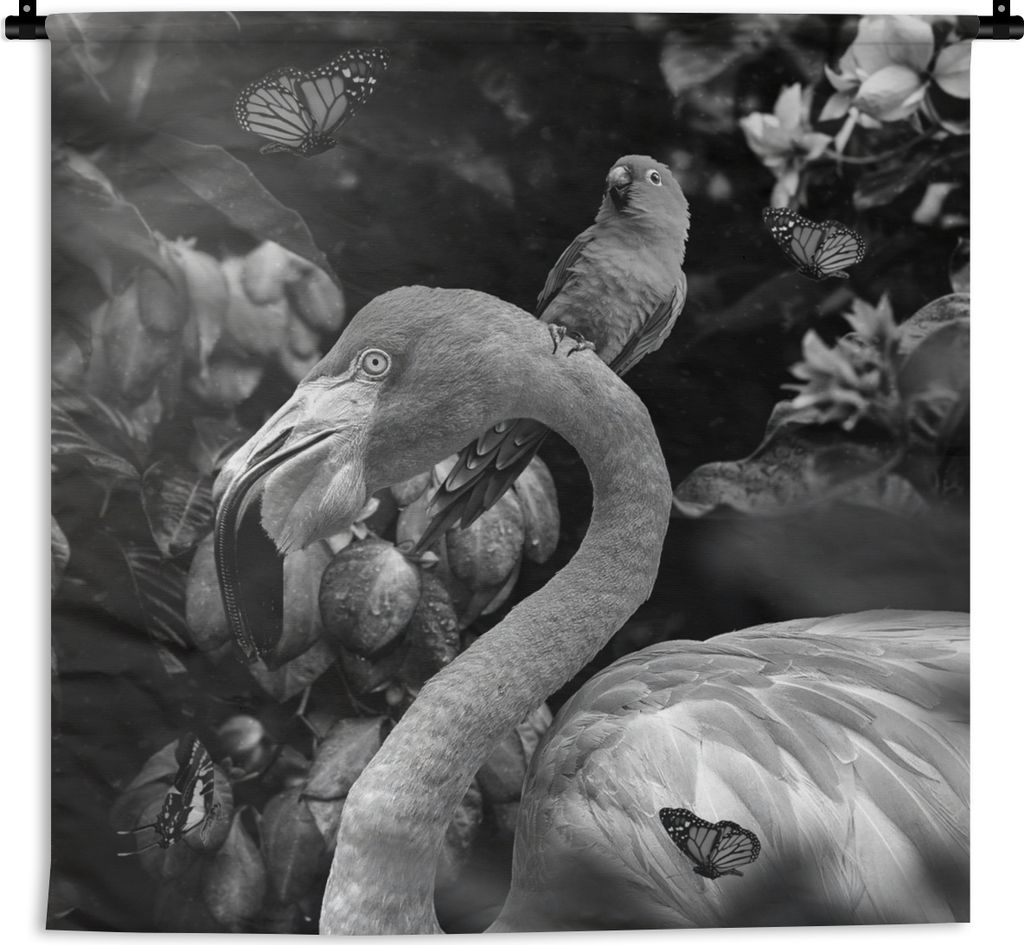 MuchoWow Wandteppich Wandbehang Flamingo - Dschungel - Papagei - Schwarz - Weiß 150x150 cm Tapisserie Dekoration Wandtuch - Wohnaccessoires - Mo...