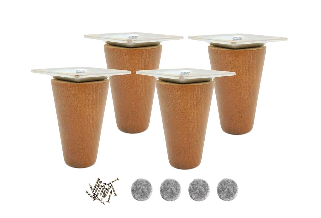 Four wooden furniture legs with metal mounting plates and accompanying screws and felt pads are displayed on a white background.