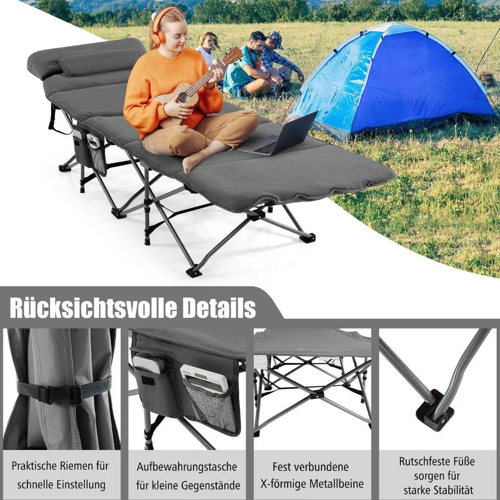 Lit de camping réglable 185 cm avec matelas épais et structure robuste - 4