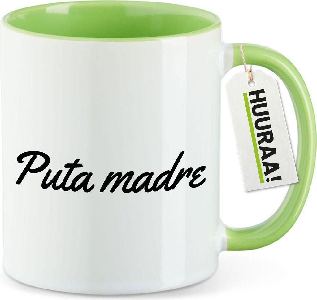 Huuraa Kaffeetasse Puta madre spanisch Schriftzug 330ml Grün Keramik Kaffeebecher Geschenkidee