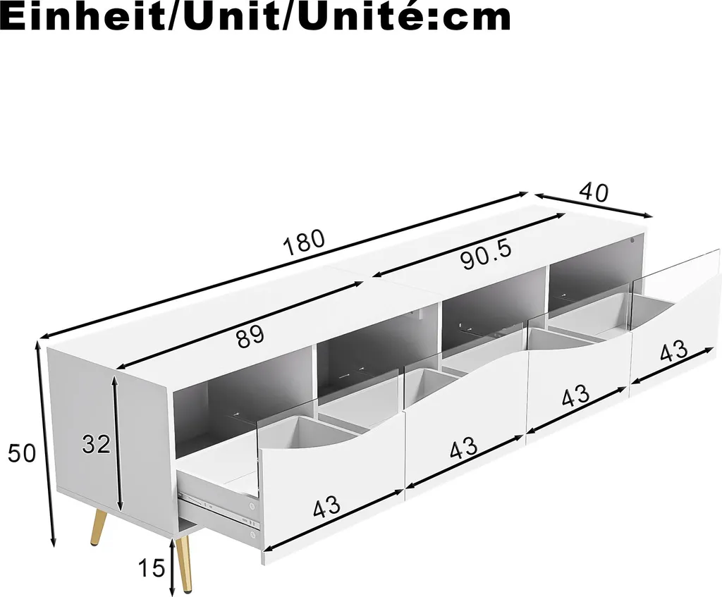 Meuble TV Design Blanc Pieds Dorés et Rétroéclairage LED Lumineux